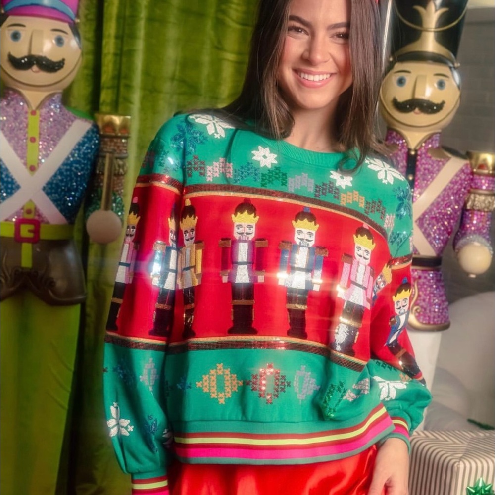QUEEN OF SPARKLES Nutcracker and Needlepoint Snowflake Sweatshirt - Size XS